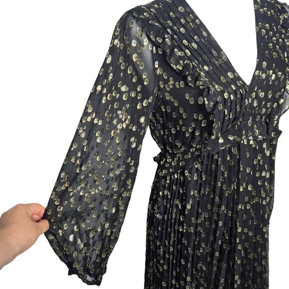 A loves A Silk Metallic Gold Black Long Sleeve Babydoll Layered Dress Size Small - Picture 5 of 12